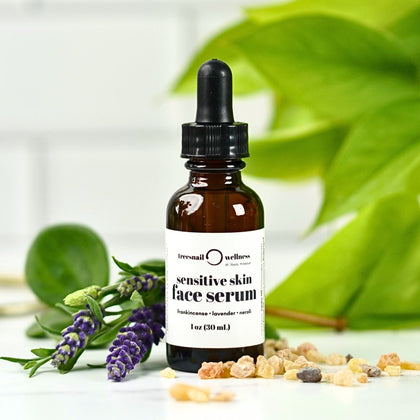 Sensitive Skin Facial Serum by Treesnail Wellness, made with natural carrier oils, essential oils, and bakuchiol.