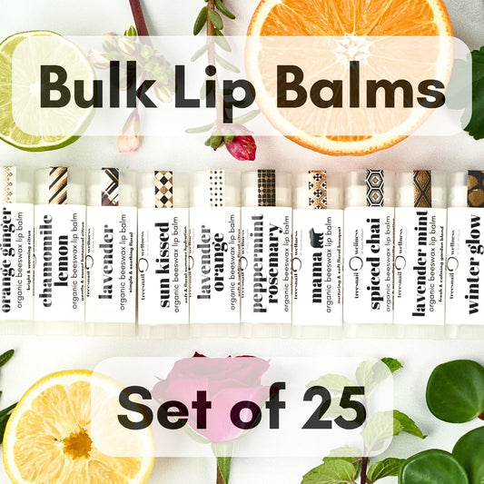 Set of 25 lip balms with various scents on a white background with fruit and plant elements.