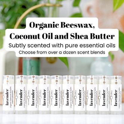 Row of organic lip balms with text about organic beeswax, coconut oil, and shea butter base.