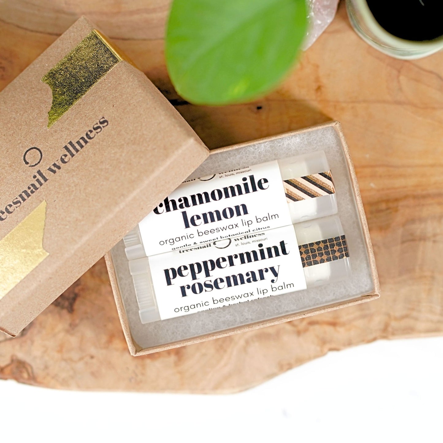 Mix & Match set of 2 organic lip balms .15 oz—paperboard gift box with black satin ribbon, assorted essential-oil scents