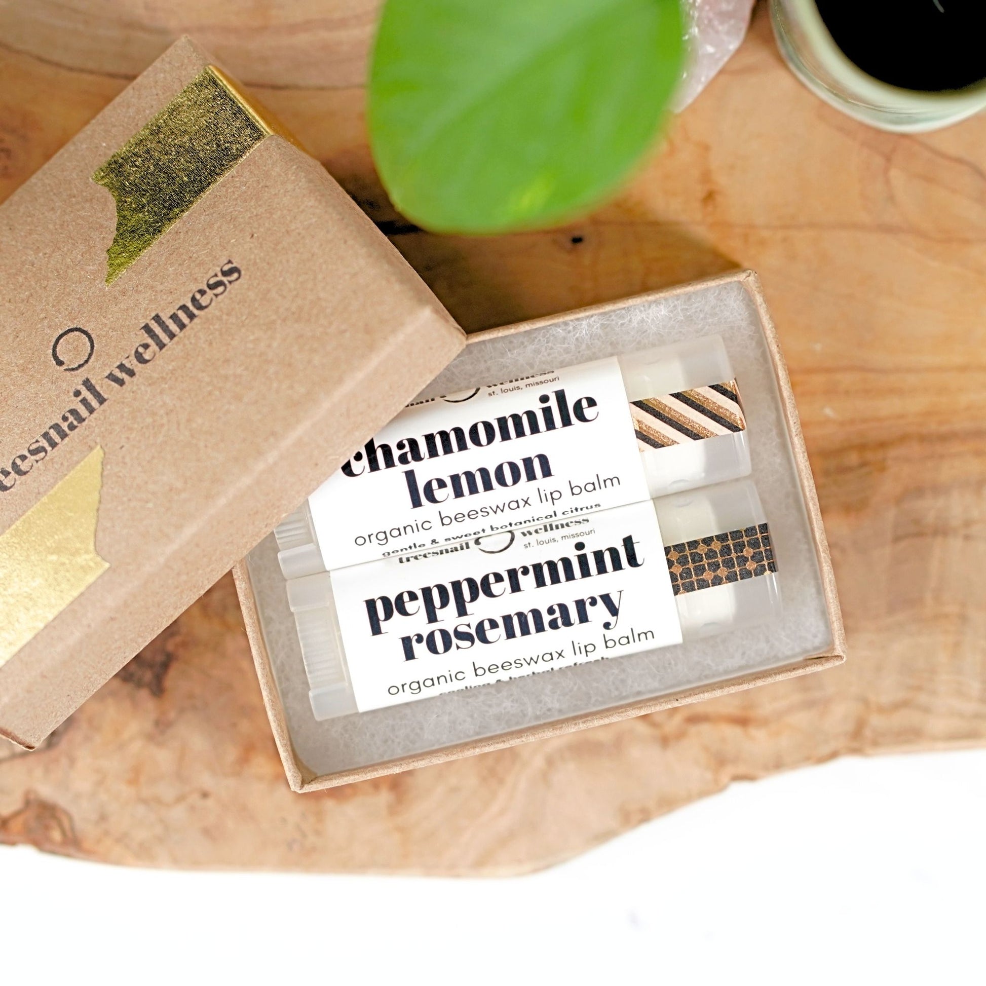 Mix & Match set of 2 organic lip balms .15 oz—paperboard gift box with black satin ribbon, assorted essential-oil scents