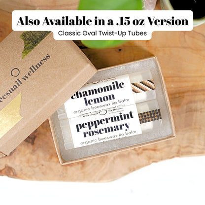 Mix & Match set of 2 twist-up .15 oz organic lip balms—paperboard gift box with black satin ribbon, assorted essential-oil scents