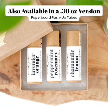 Three organic lip balm tubes in an eco-friendly box with text about a .30 oz version.