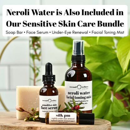 Neroli Water is included in the Treesnail Wellness Sensitive Skin Care Bundle that includes a fragrance free soap far, sensitive skin face serum, nightly under-eye roller, and facial toning mist.