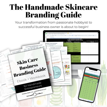 Handmade skincare branding guide with workbook, smartphone, and computer monitor on a white background