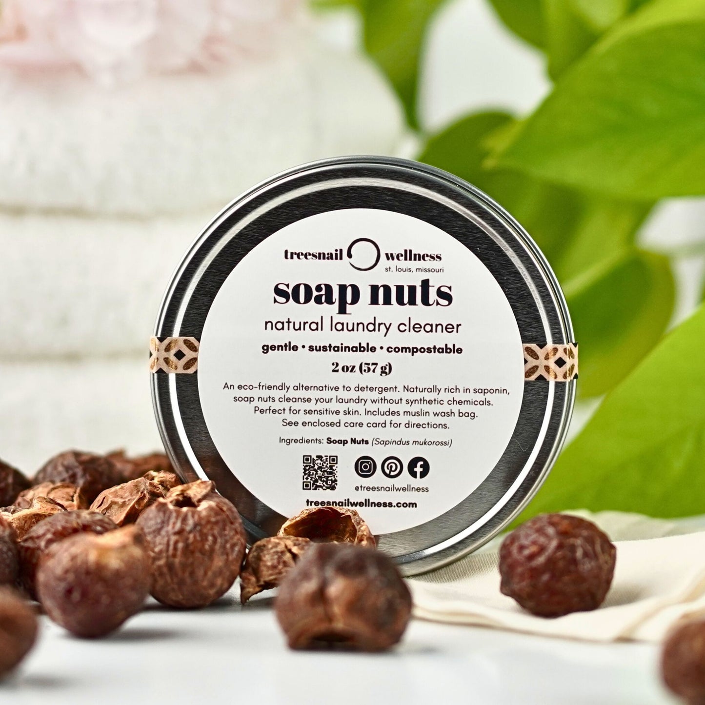 Soap Nuts (Natural Laundry Cleaner) by Treesnail Wellness. Perfect for sensitive skin. Comes in a 2oz. aluminum tin with a muslin wash bag and laundry care card with instructions.