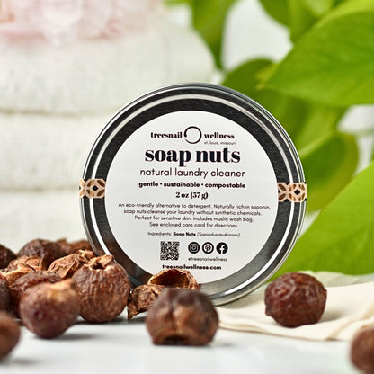 Soap Nuts (Natural Laundry Cleaner) by Treesnail Wellness. Perfect for sensitive skin. Comes in a 2oz. aluminum tin with a muslin wash bag and laundry care card with instructions.