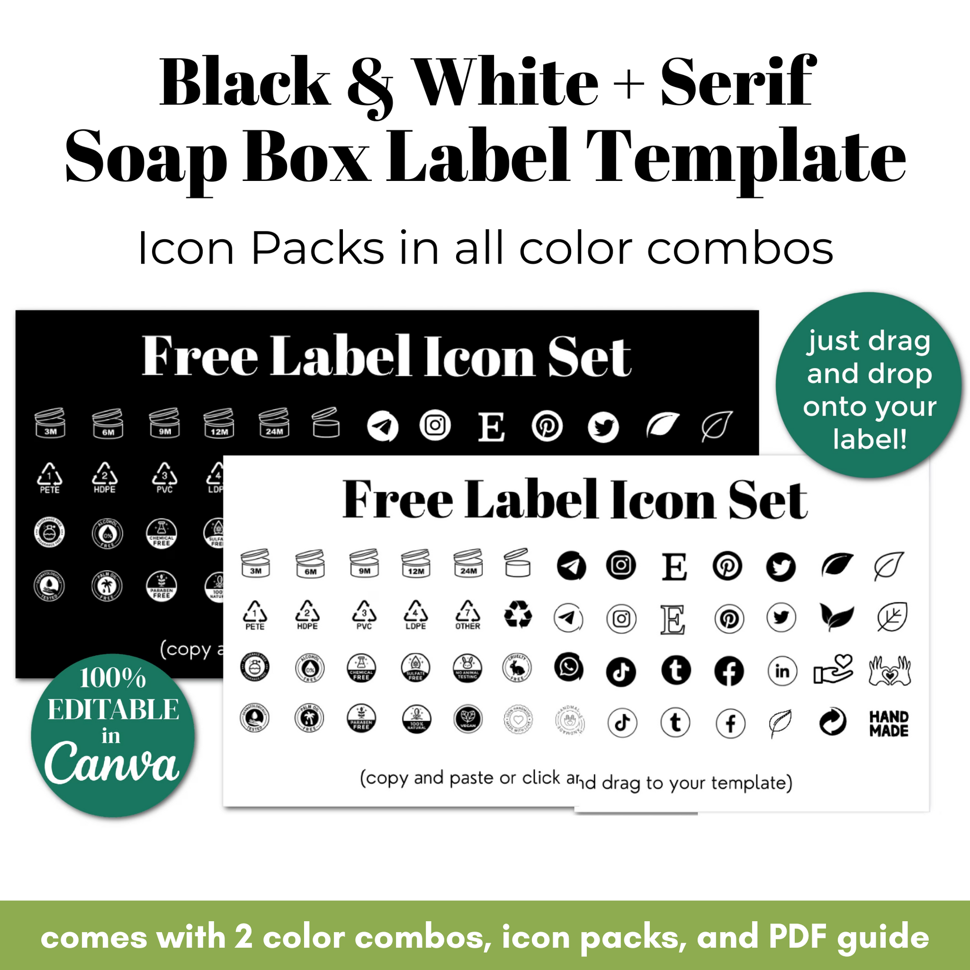 Black and white serif soap box label template with free label icon set and editable options.