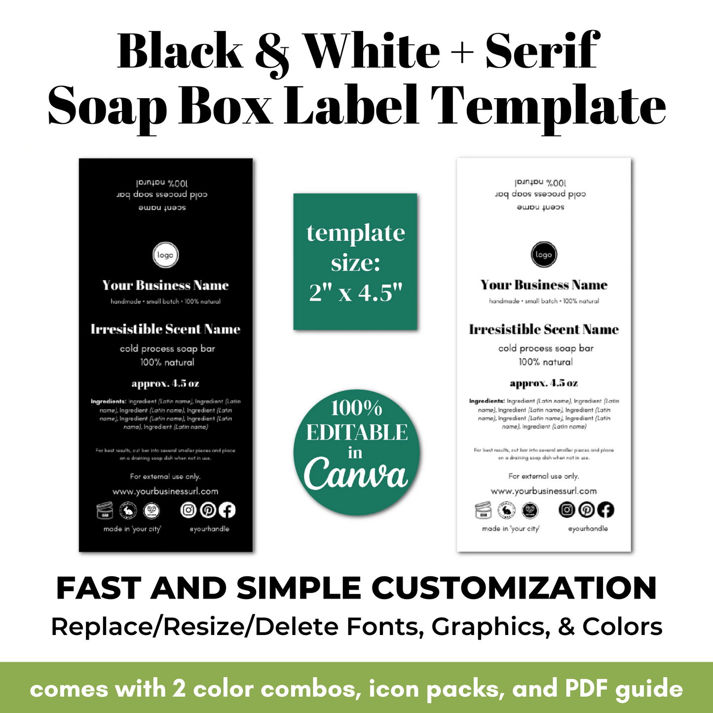 Black and white soap box label template with customizable features on a white background