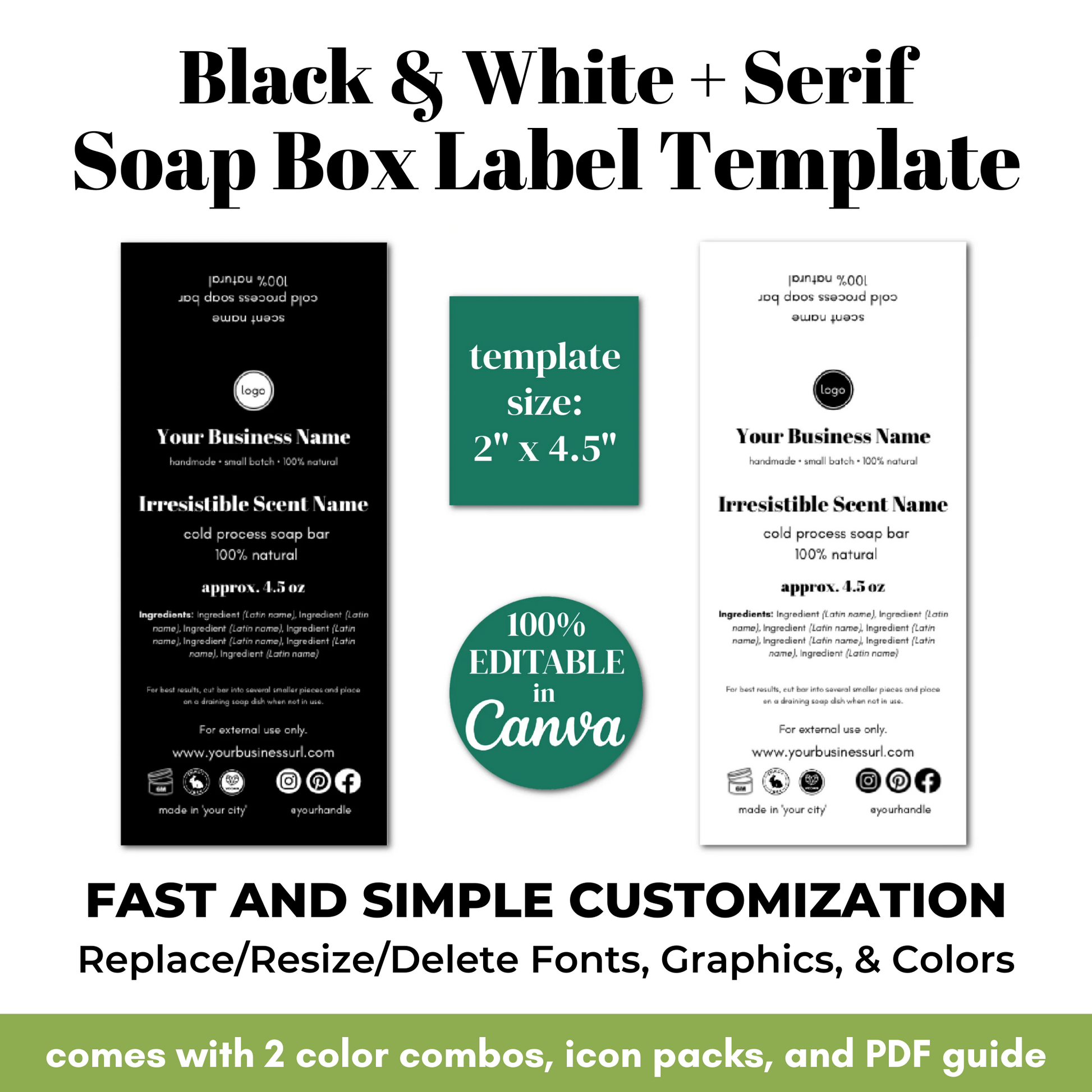 Black and white soap box label template with customizable features on a white background