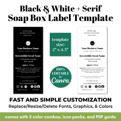 Black and white soap box label template with customizable features on a white background