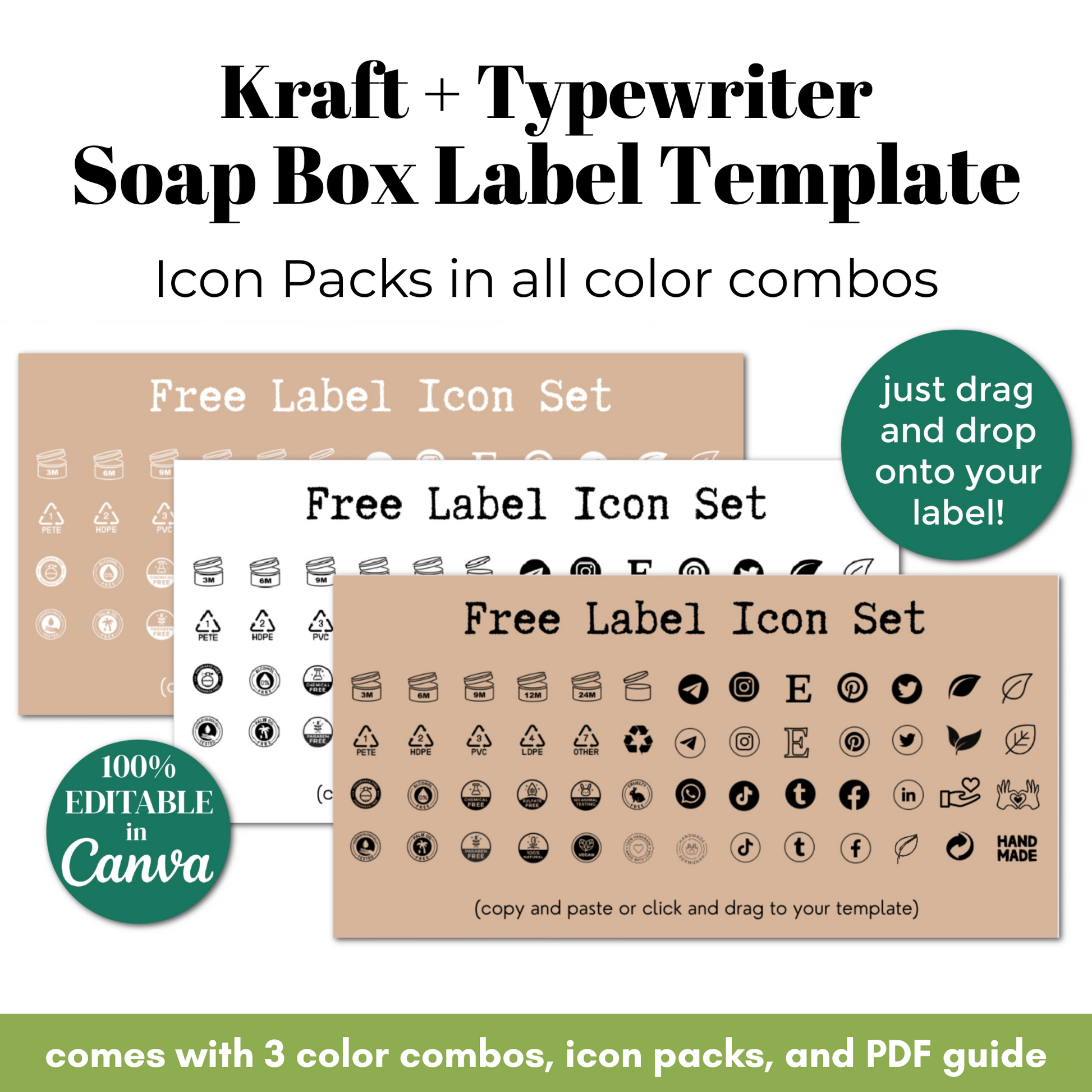 Kraft and typewriter soap box label template with icon packs and editable features.