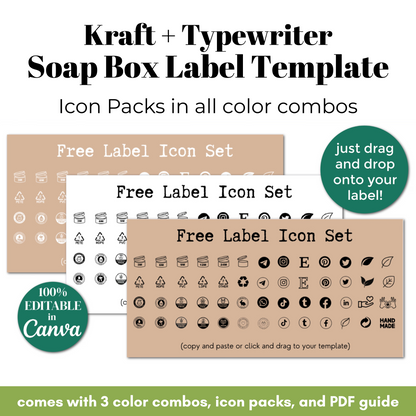 Kraft and typewriter soap box label template with icon packs and editable features.