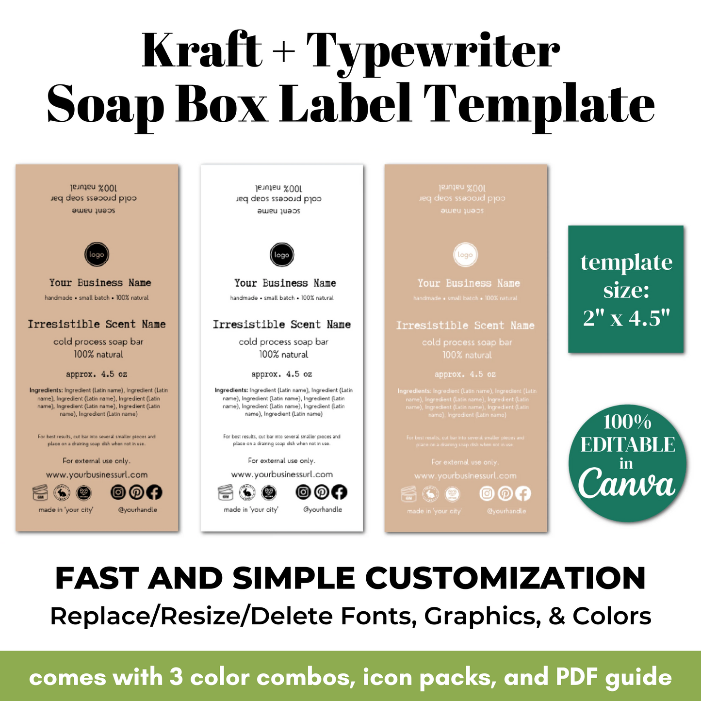 Kraft typewriter soap box label template with customizable features on a white background