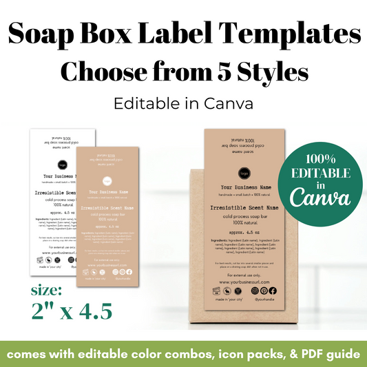 Soap box label templates with editable options in Canva on a white background.
