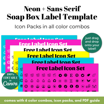 Neon and sans-serif soap box label template with icon packs in various color combinations.