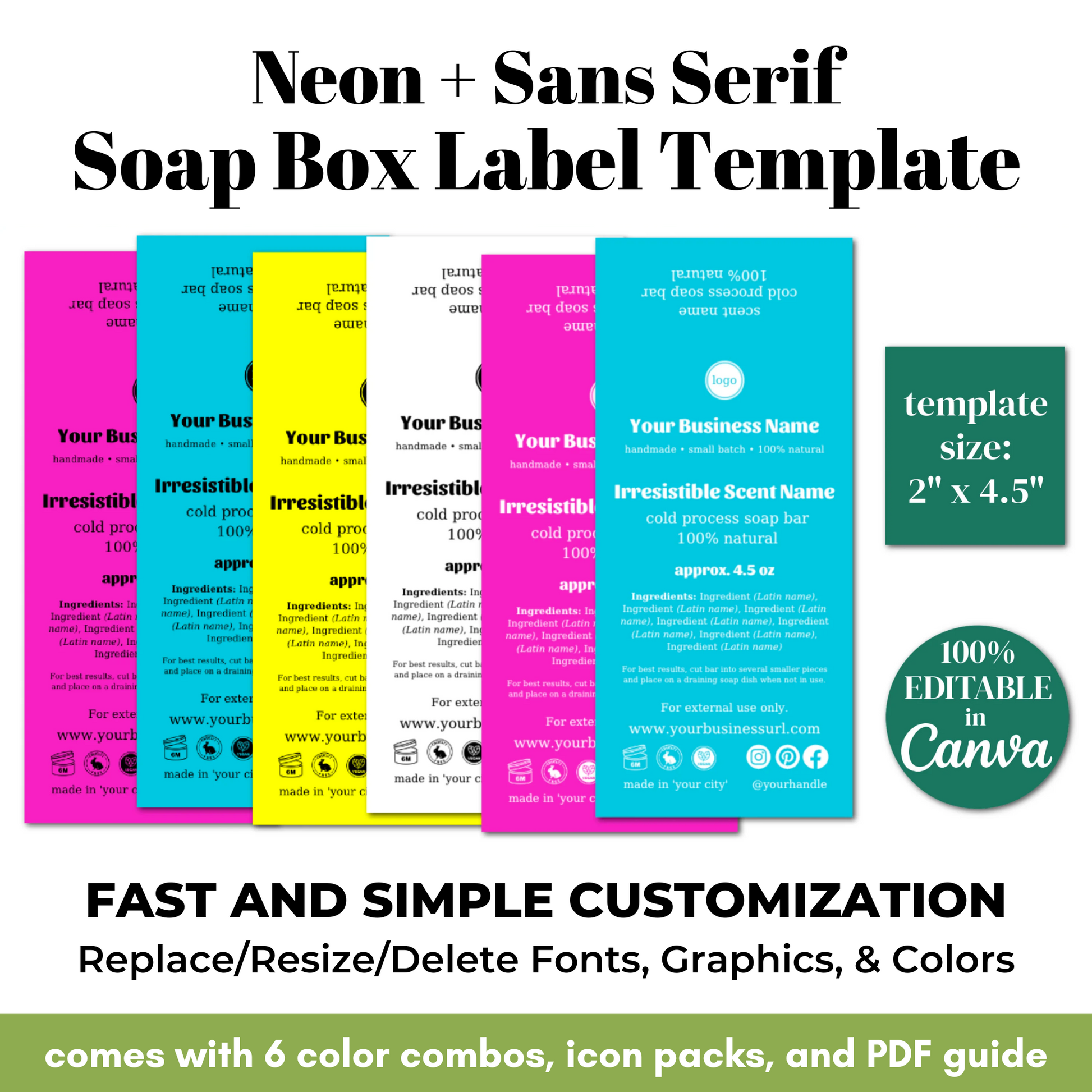 Neon and Sans Serif Soap Box Label Template with customizable features on a white background
