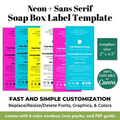 Neon and Sans Serif Soap Box Label Template with customizable features on a white background