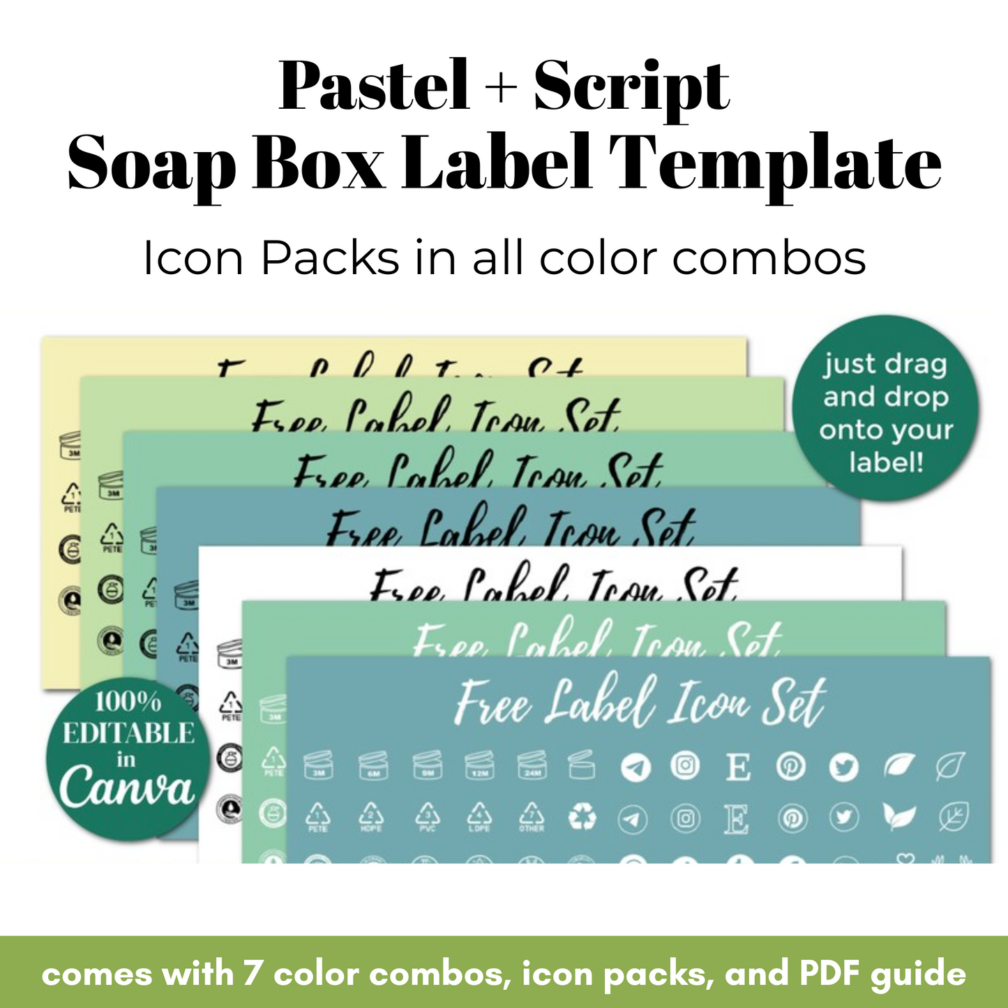 Pastel and script soap box label template with icon packs and PDF guide on a white background.
