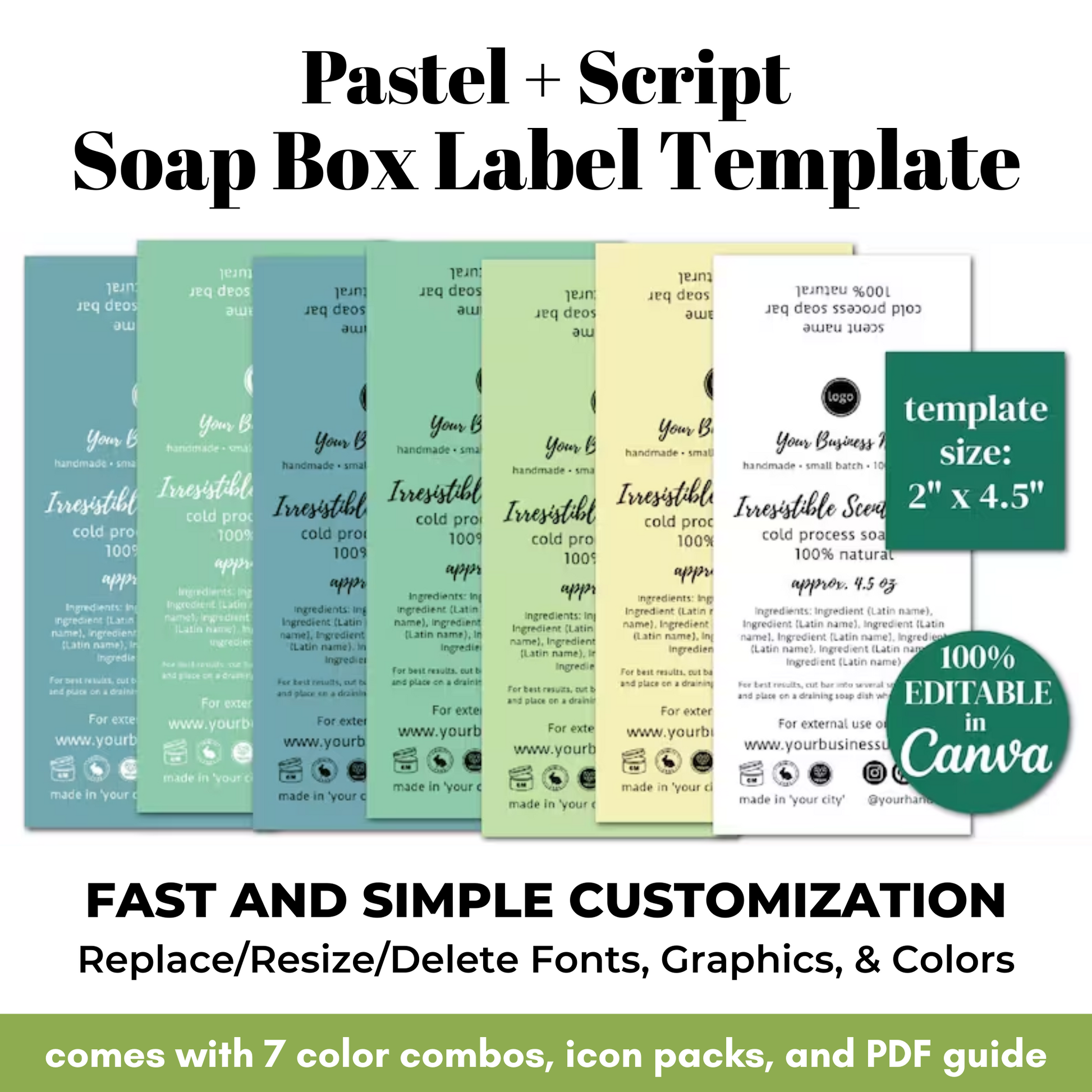 Pastel soap box label template with customizable options on a white background