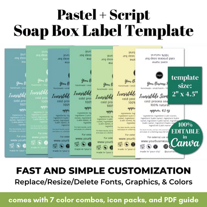 Pastel soap box label template with customizable options on a white background