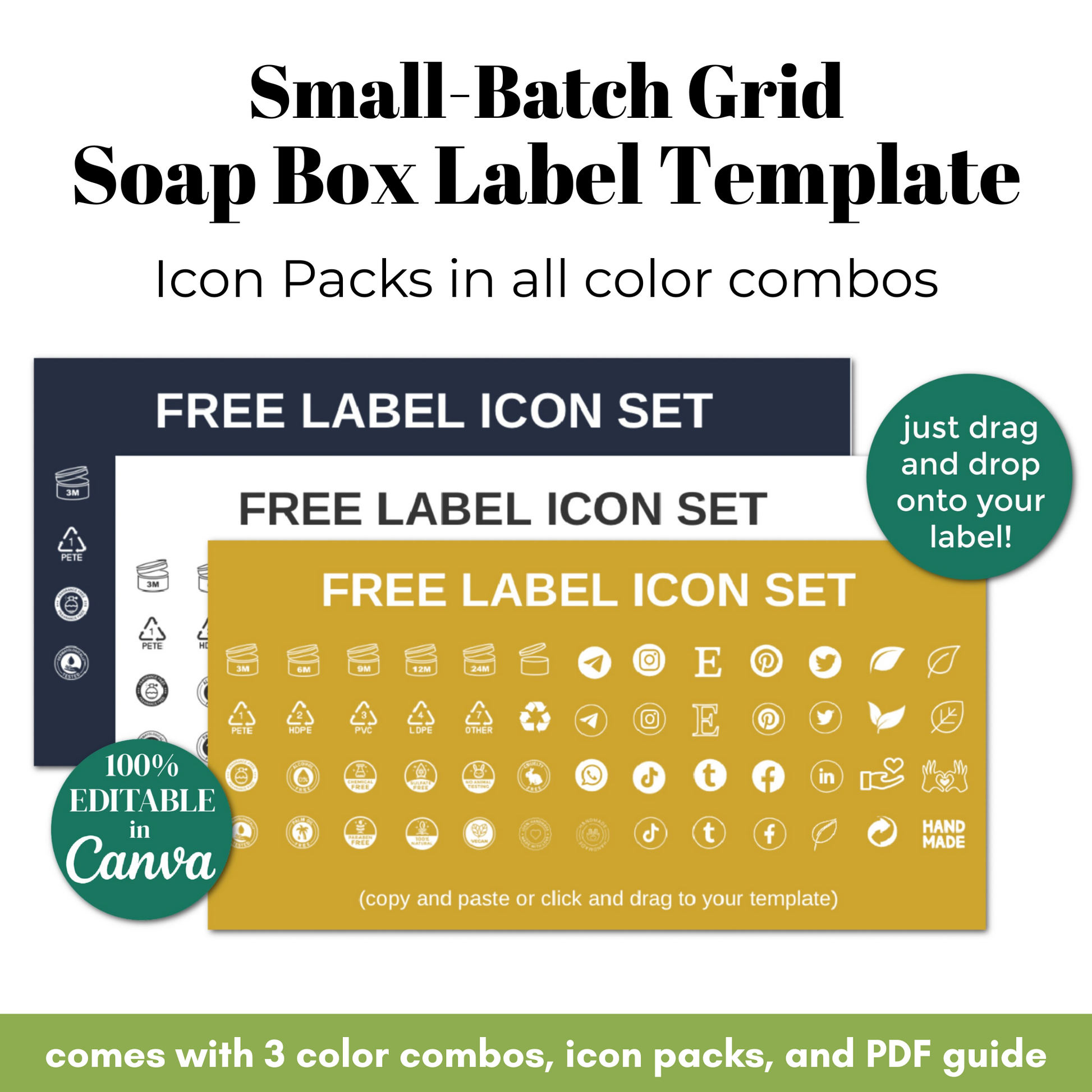 Small-Batch Grid Soap Box Label Template with free label icon set and editable features.