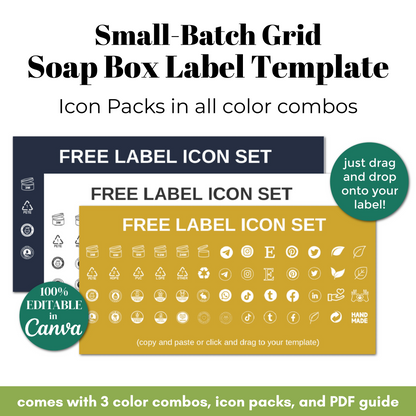 Small-Batch Grid Soap Box Label Template with free label icon set and editable features.