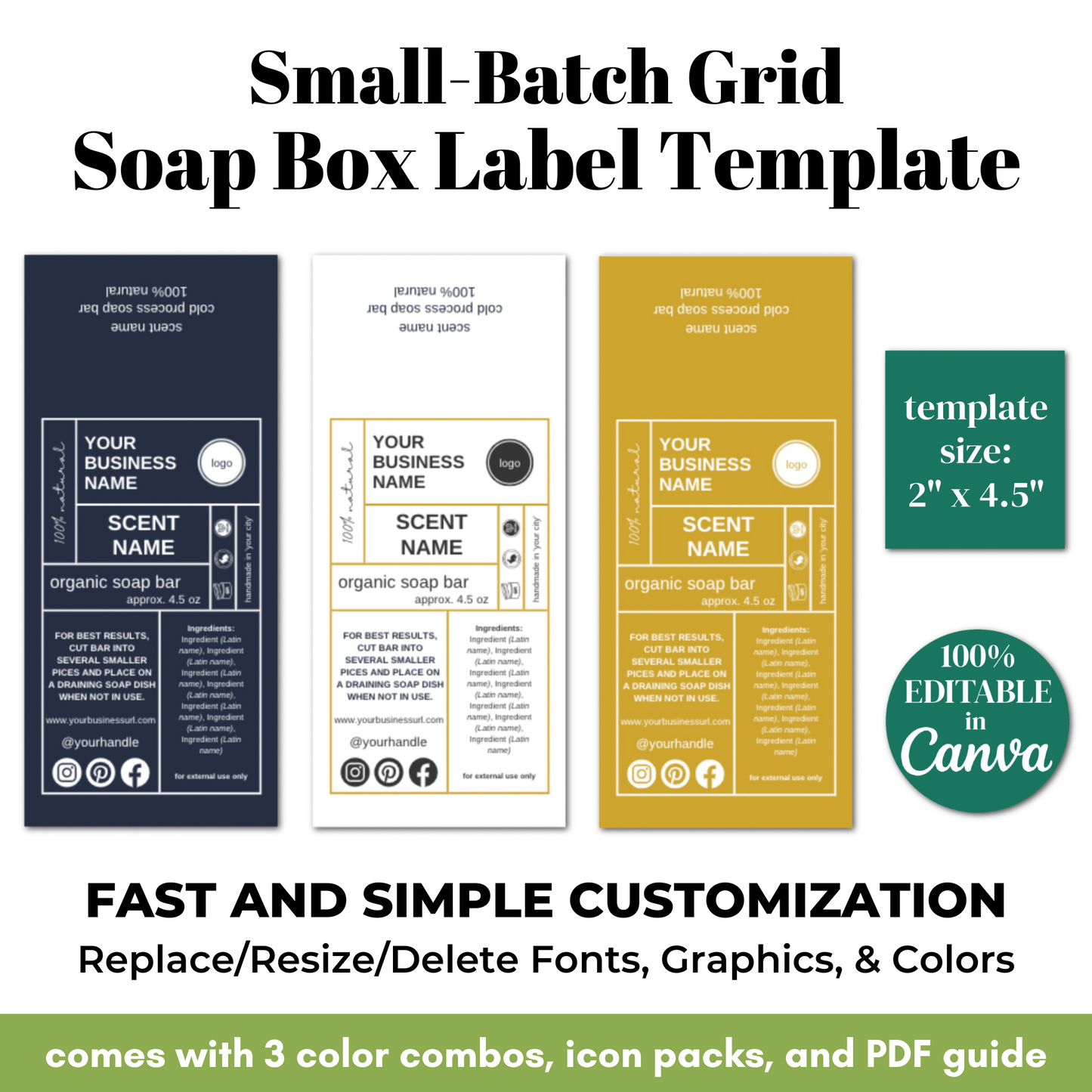 Small-Batch Grid Soap Box Label Template with customizable options on a white background