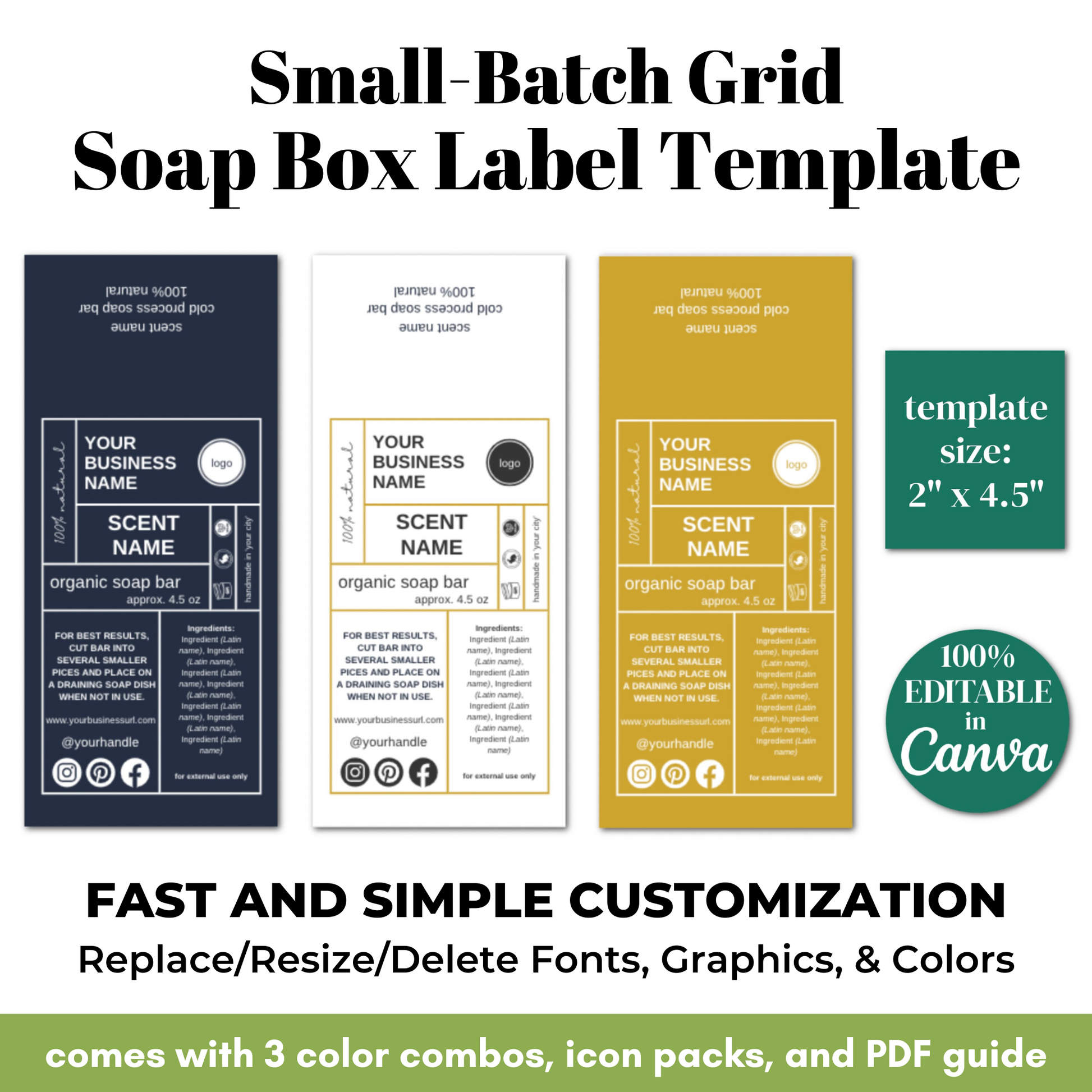 Small-Batch Grid Soap Box Label Template with customizable options on a white background