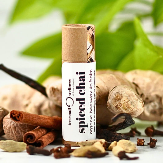Spiced Chai eco-tube lip balm .30 oz plastic-free push-up—warming cinnamon, clove, cardamom, ginger