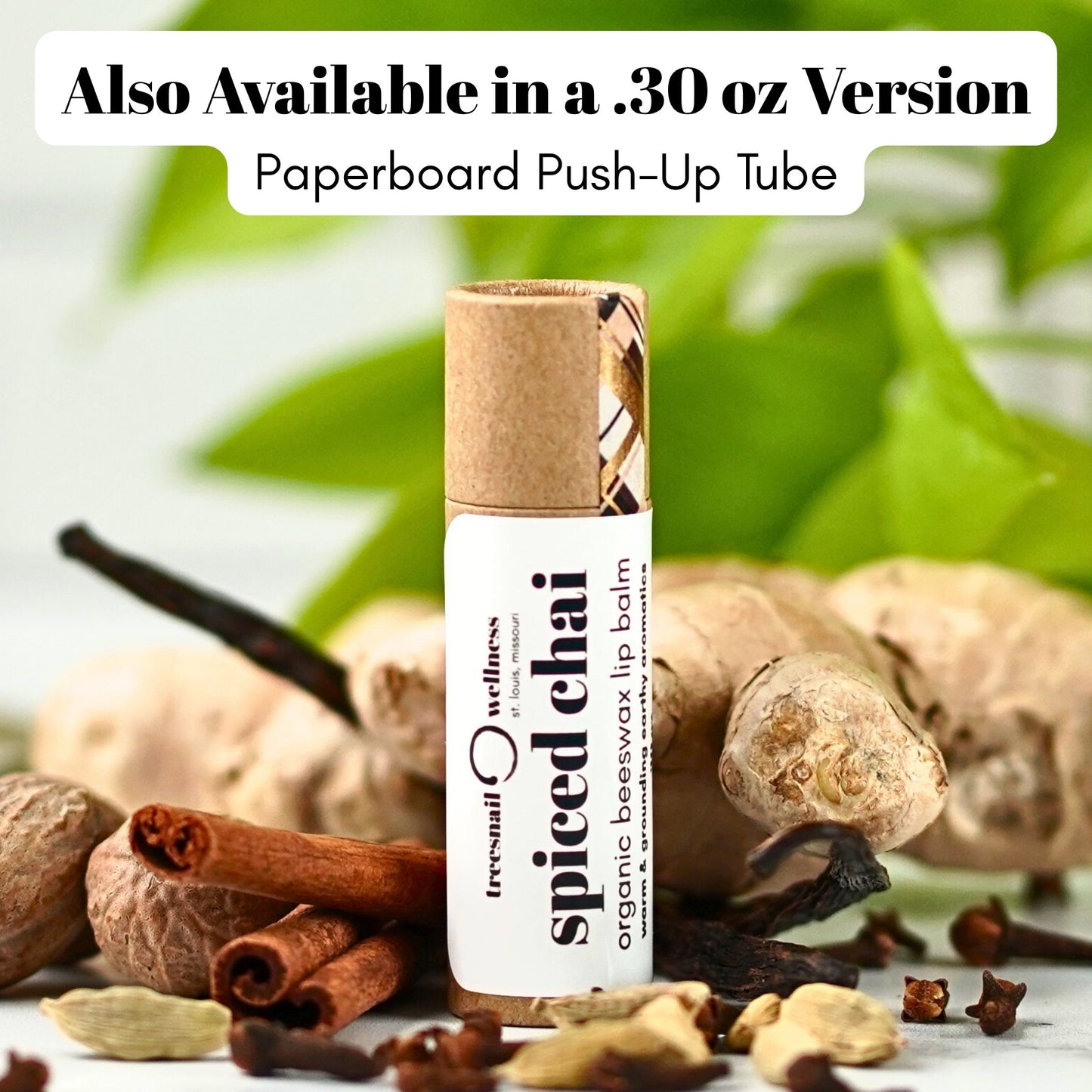 Spiced Chai natural lip balm .15 oz plastic twist-up—cinnamon, clove, cardamom, ginger