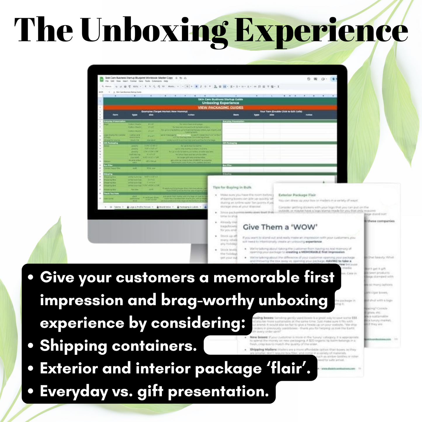 Computer screen displaying a software interface with text about packaging and unboxing experience.
