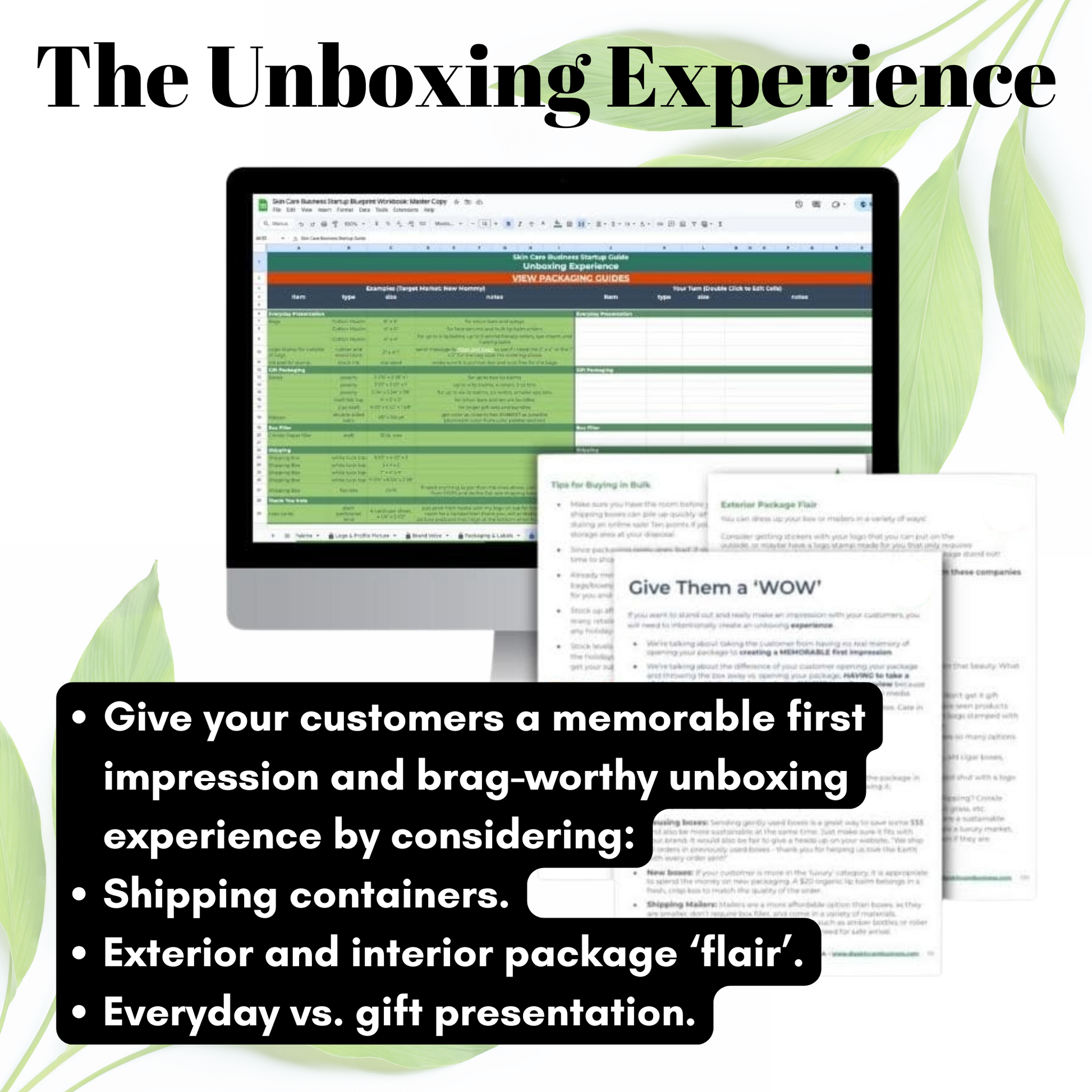 Computer screen displaying a software interface with text about packaging and unboxing experience.