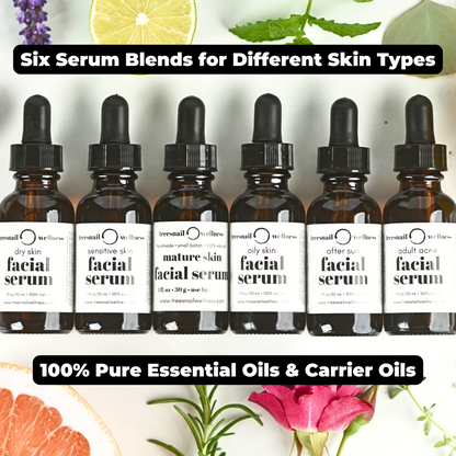 Treesnail Wellness offers six serum blends for a variety of skin types, all with 100% pure essential oils and carrier oils.