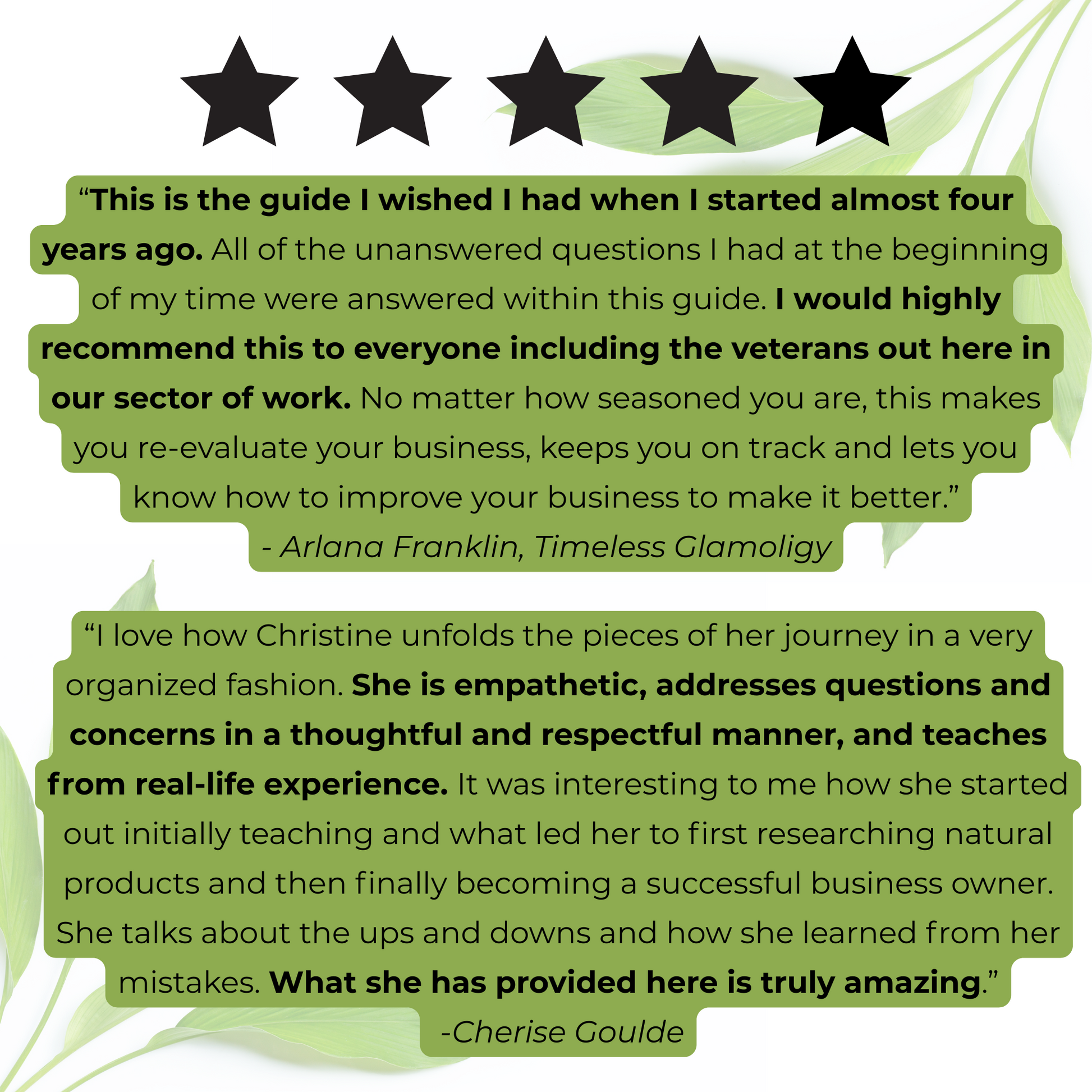 Five-star review text with quotes from customers praising a guide or resource.