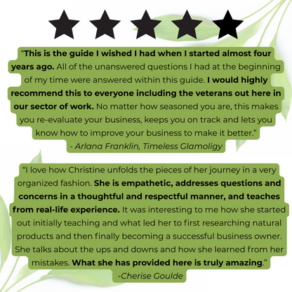 Five-star review text with quotes from customers praising a guide or resource.