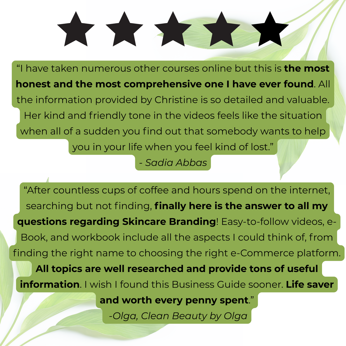 Five-star rating with customer reviews and a green leafy background