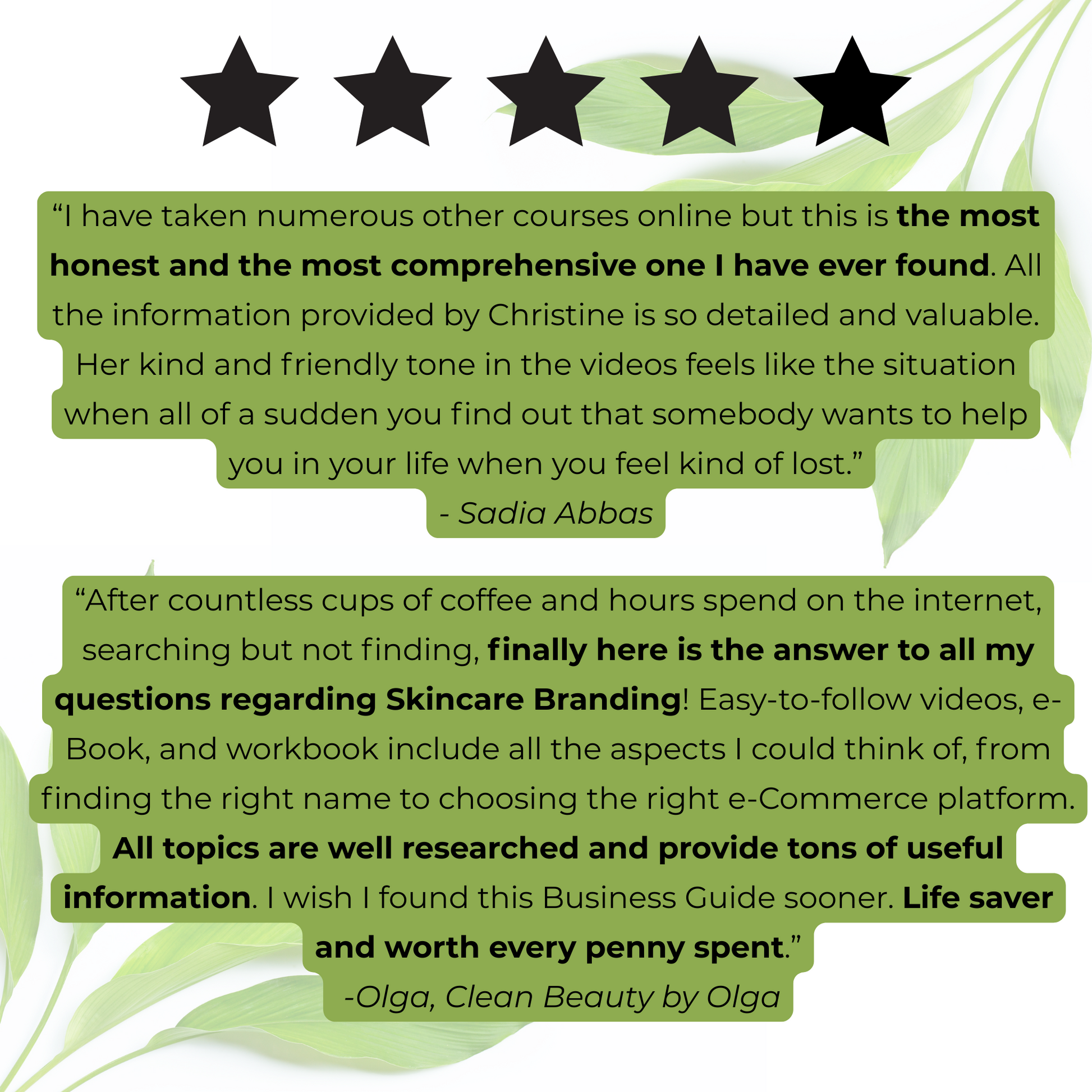 Five-star rating with customer reviews and a green leafy background