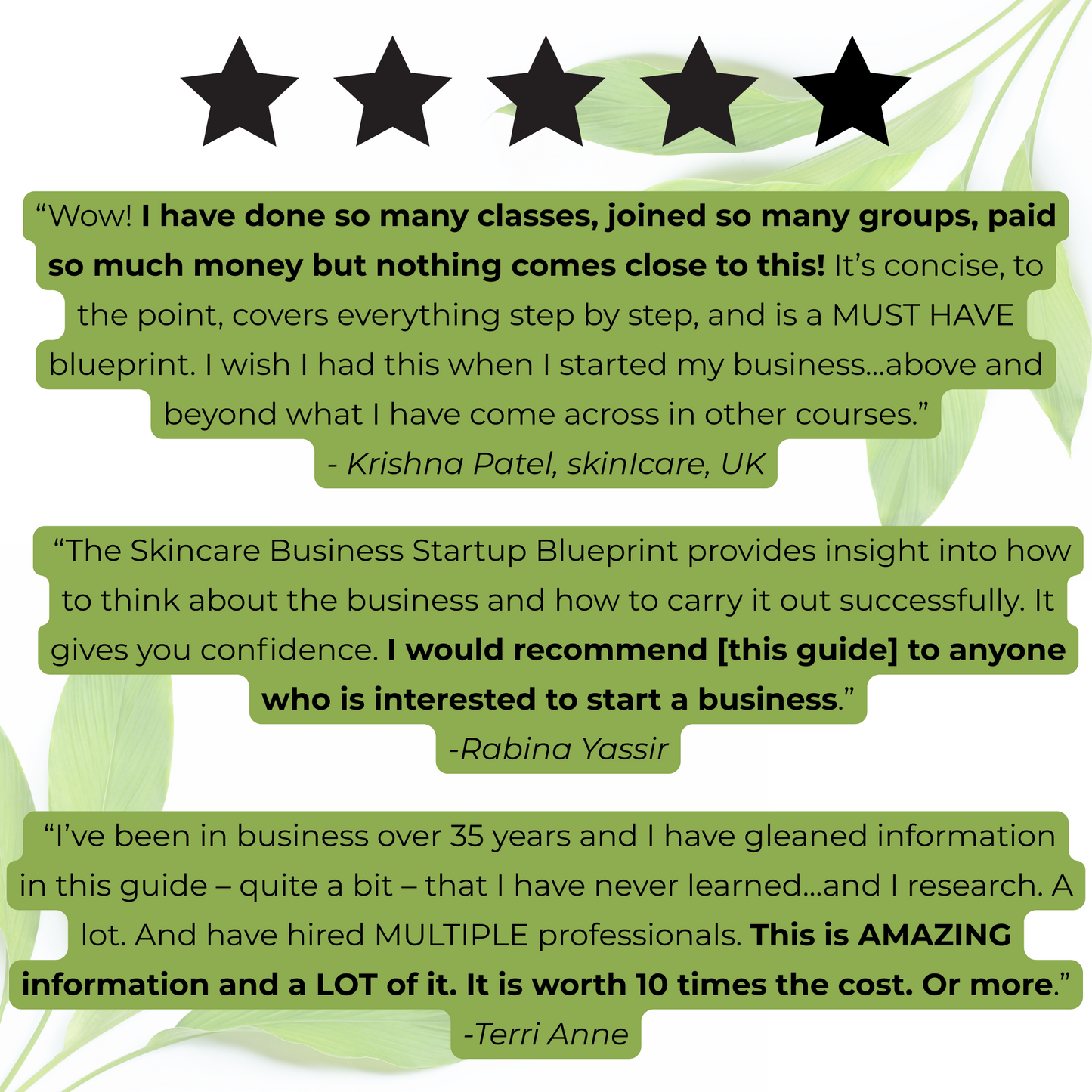 Reviews of a skincare business startup blueprint with green text on a white background