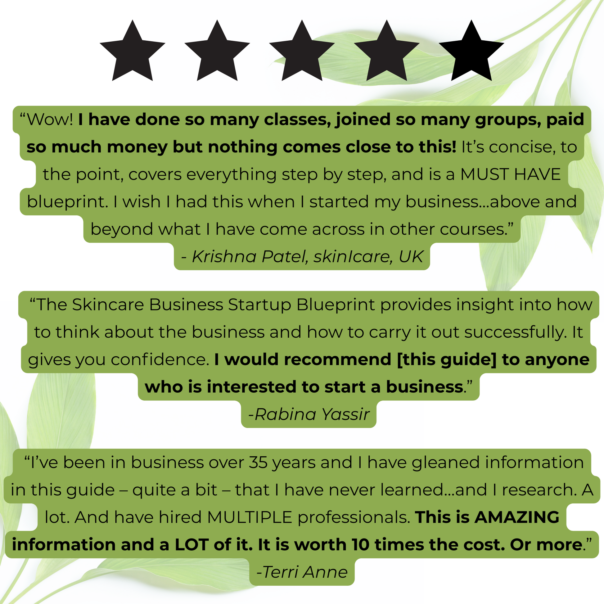 Reviews of a skincare business startup blueprint with green text on a white background