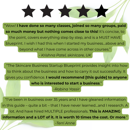 Reviews of a skincare business startup blueprint with green text on a white background