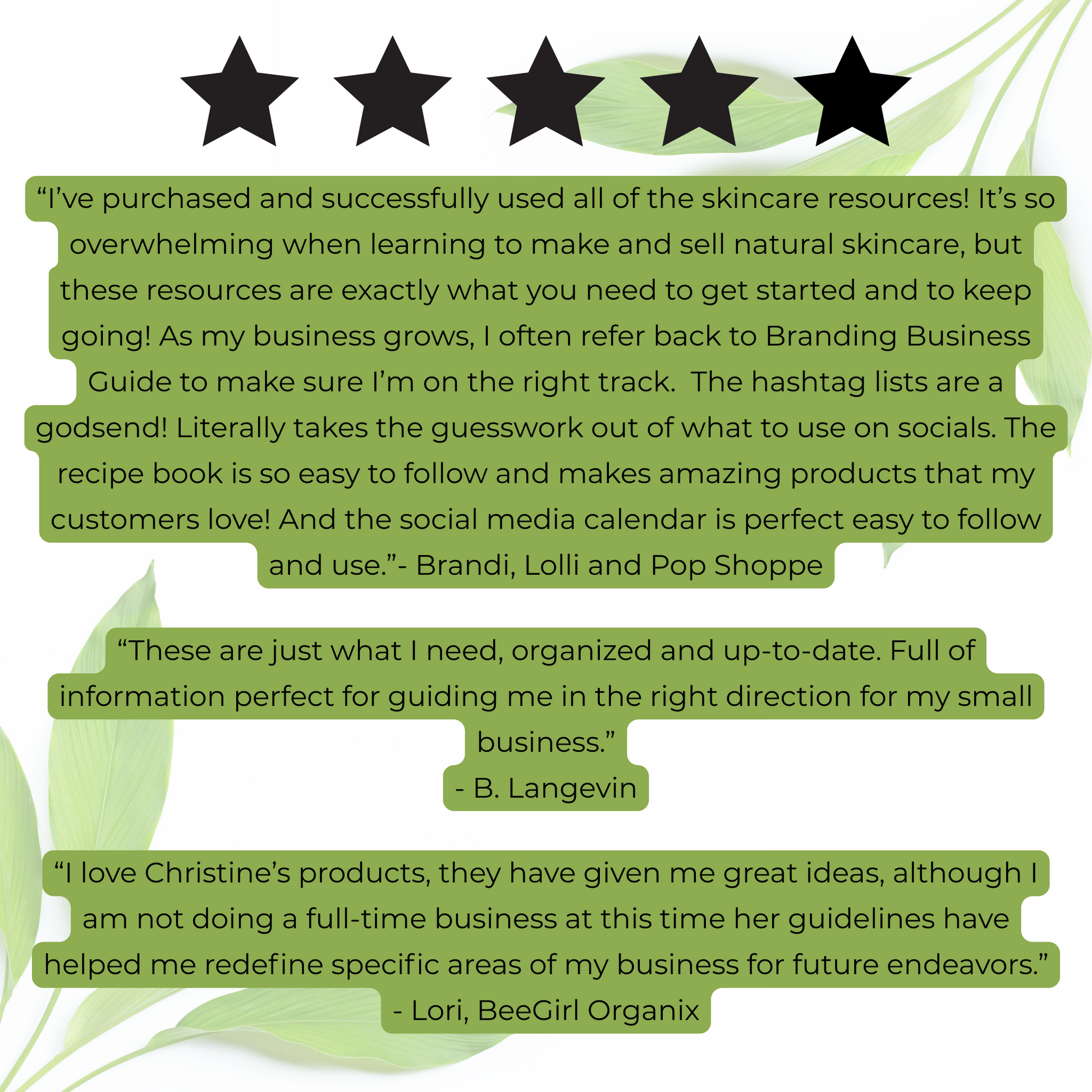 Reviews of Treesnail Wellness skincare resources with five-star rating and green text on a white background.