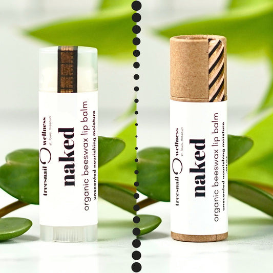 Treesnail Wellness Fragrance Free Organic Lip Balm in two size options, a plastic twist-up tube and a paperboard push-up tube.