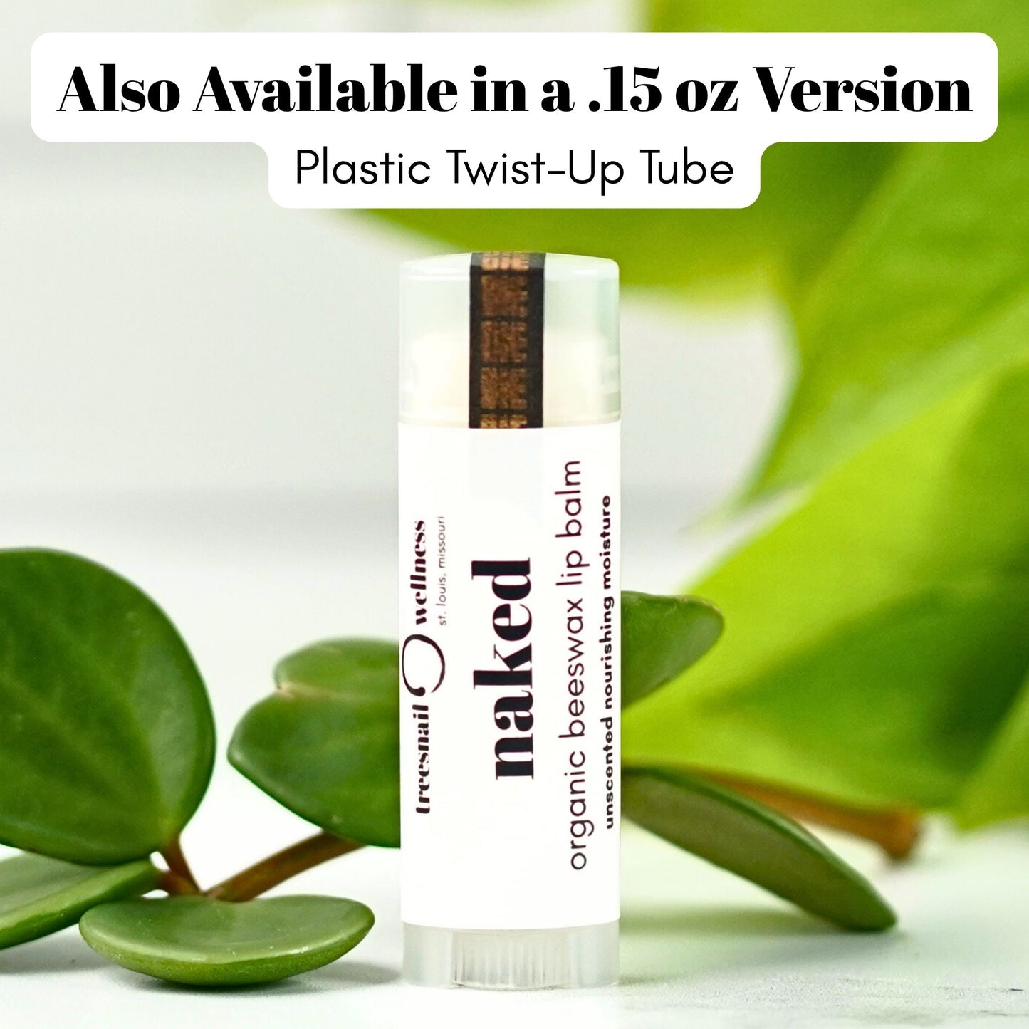Fragrance Free Lip balm tube with green leaves in the background