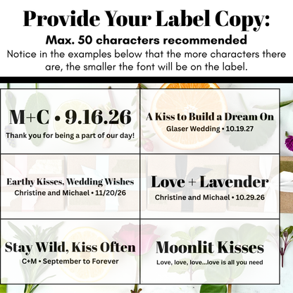 Sample labels with personalized text for weddings or special occasions, featuring flowers in the background.