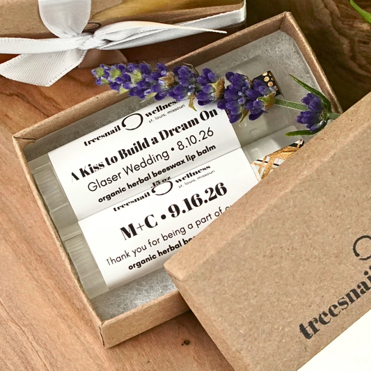 Wedding favor lip balm with personalized message in a sustainable box with lavender