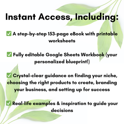 Promotional text about a step-by-step eBook and Google Sheets Workbook with green leaves on a white background