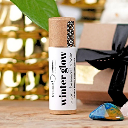 Winter Glow organic beeswax lip balm in a sustainable .30 oz tube by Treesnail Wellness
