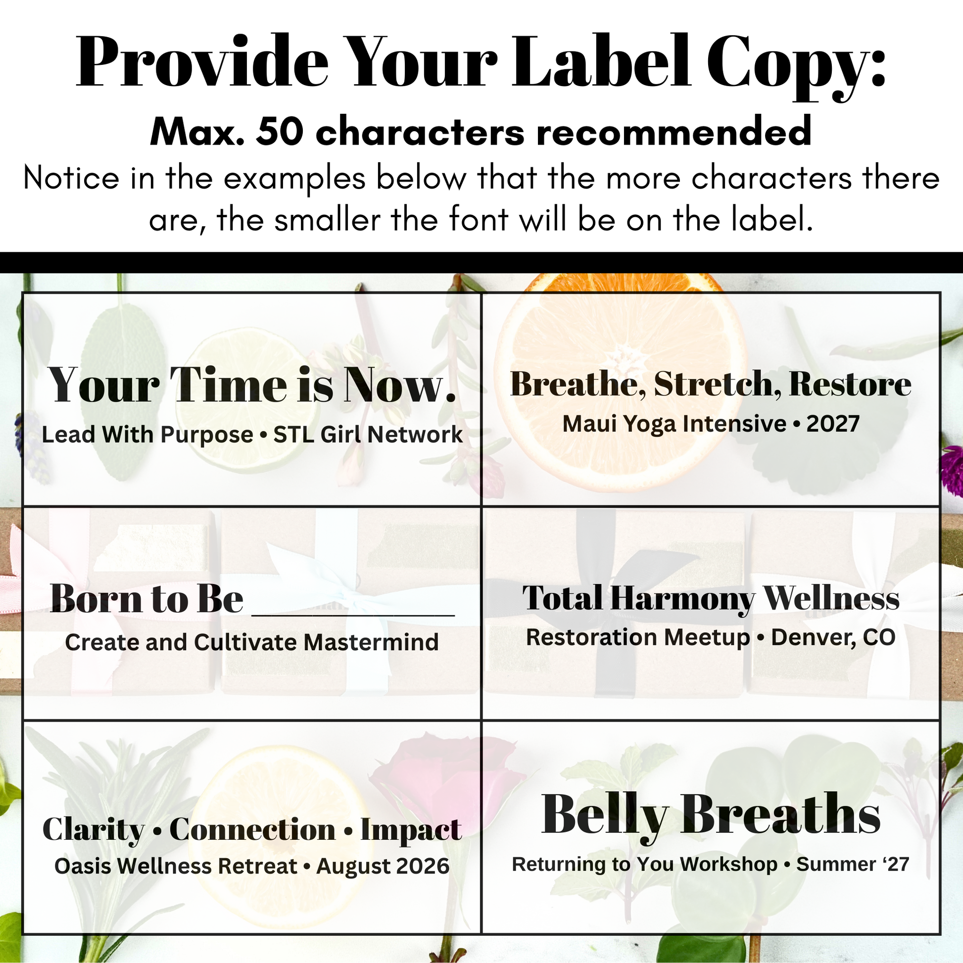 Custom lip balm label examples on a floral background