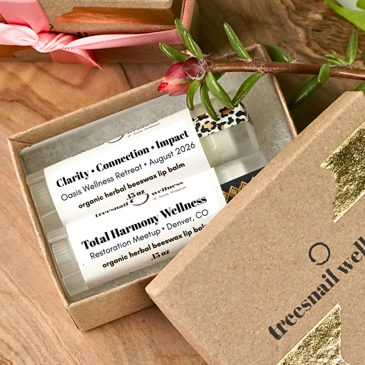 Lip balm packaging with a custom label in a sustainable box.